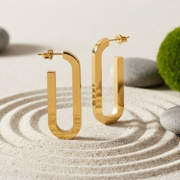 Sleek 18K Gold Plated Stainless Steel Modern U-Shape Statement Earrings - Picture 6 of 10
